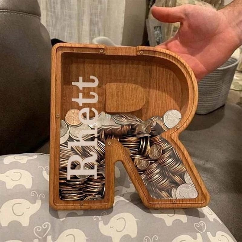 Twenty-six Letters Piggy Bank Wooden Coin Money Saving Box