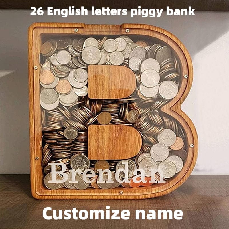 Twenty-six Letters Piggy Bank Wooden Coin Money Saving Box