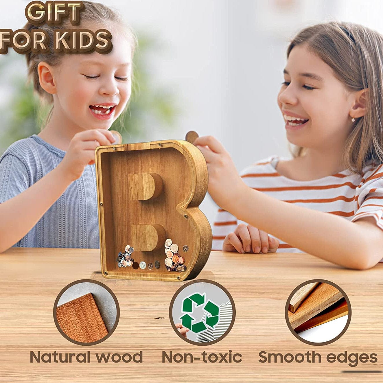 Twenty-six Letters Piggy Bank Wooden Coin Money Saving Box